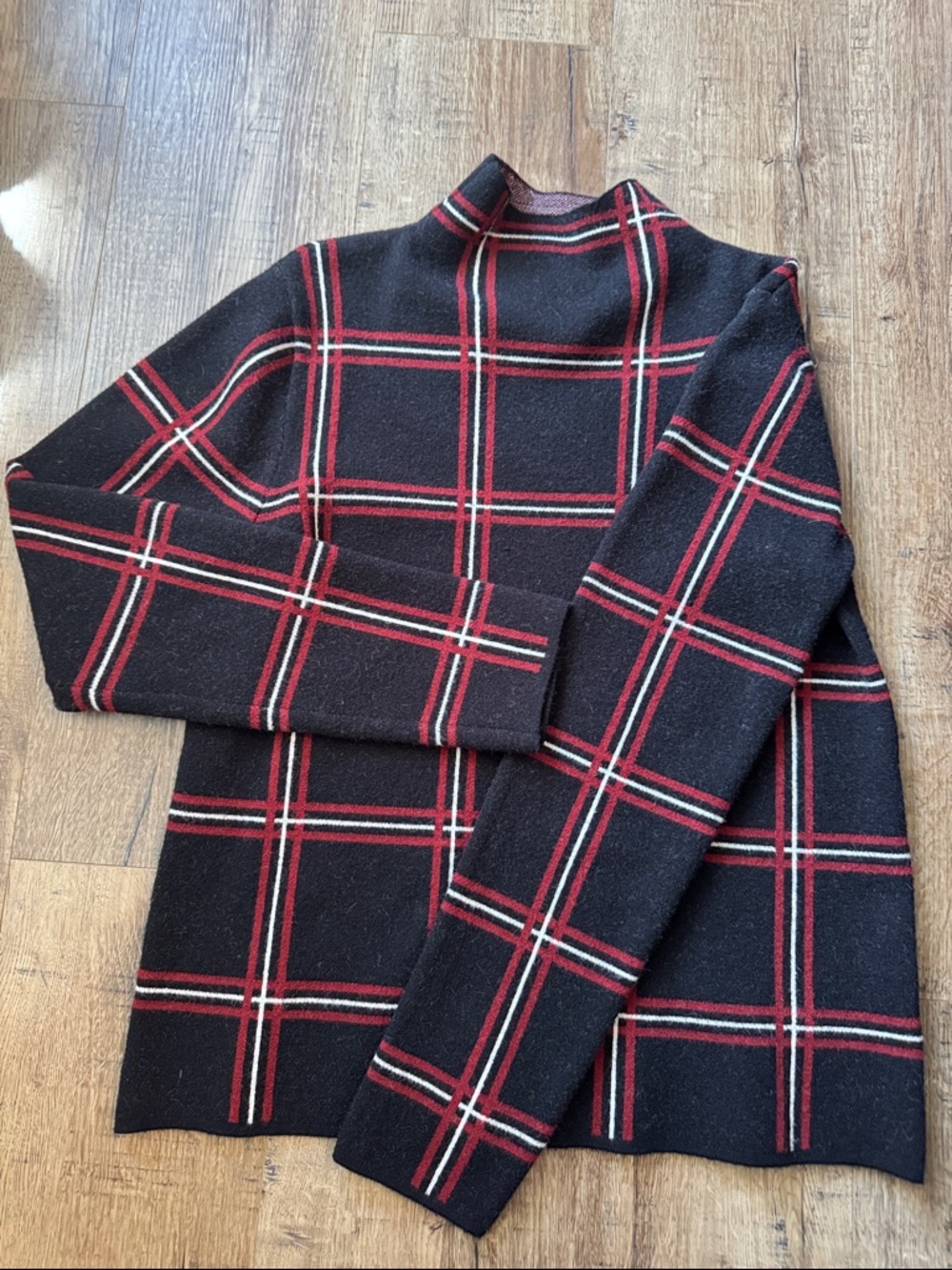 Tahari Black Turtleneck Sweater with Red and White Plaid